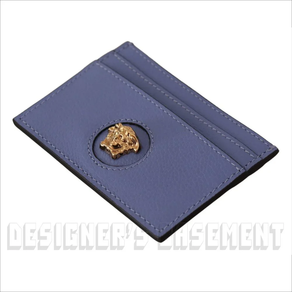 VERSACE violet gold La MEDUSA gold Logo embossed Leather Card Case hold wallet